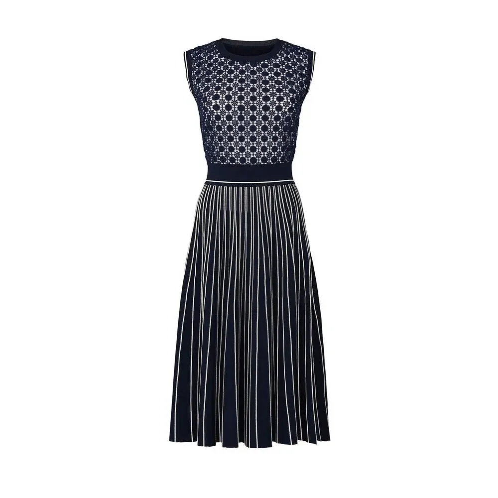 Tory Burch Navy Blue Sleeveless Pleated Knit Crewneck Midi Sweater Dress Size XS